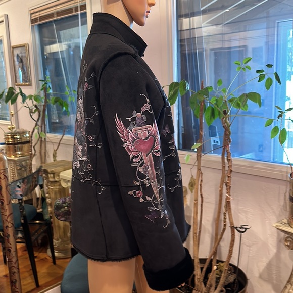 Eivissa faux sheepskin black polyester warm fuzzy jacket zip front Size L. - Picture 6 of 7